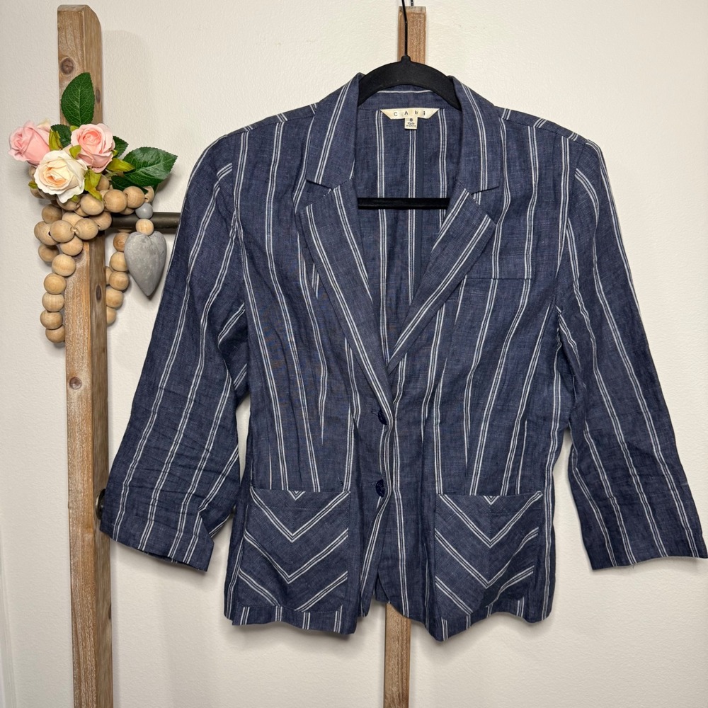 Cabi Womens Blazer Size 8‎ Navy White Stripe Linen Button Front Style 871